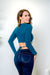 Long Sleeve Rib Knit Strappy V Neck Crop Top with Asymmetrical Front Cut Out in Teal (BT10460) - Wholesale Fashion Couture 
