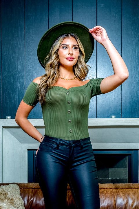 Rib Knit Short Sleeve Off Shoulder Button Front Bodysuit with Snap Crotch in Olive (VT3976) - Wholesale Fashion Couture 