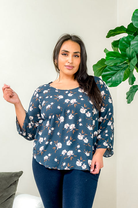 Plus Size Floral Print 3/4 Bell Sleeve Blouse in Navy (PT17115-047) - Wholesale Fashion Couture 