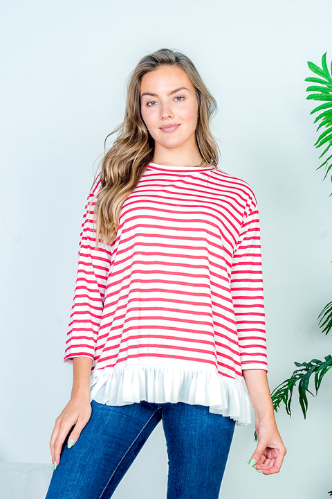 Boat Neck 3/4 Sleeve Striped Tee with White Contrast Box Pleat Ruffle Hem (HT7859) - Wholesale Fashion Couture 