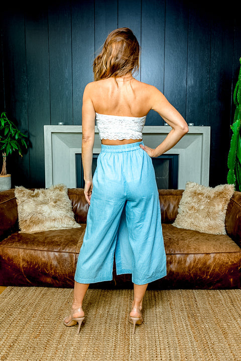 Chambray Denim Button Skirted Capri Pants in Light Blue (VP71497) - Wholesale Fashion Couture 