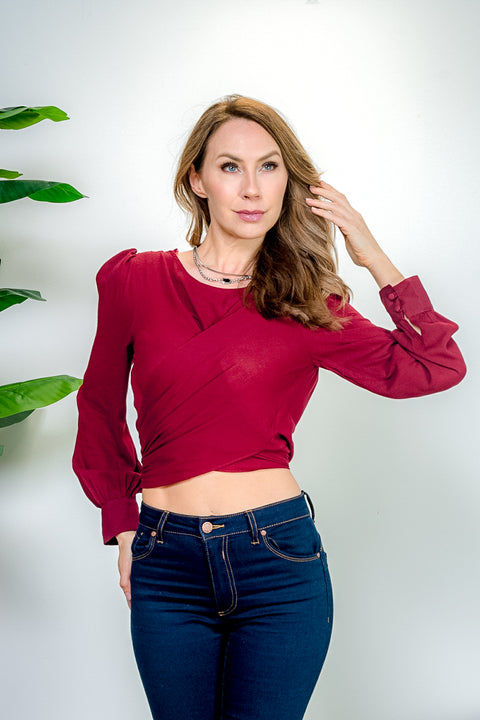 Long Bishop Sleeve Drape Front Top with Open Bow Tie Back in Burgundy (IBT6459) - Wholesale Fashion Couture 