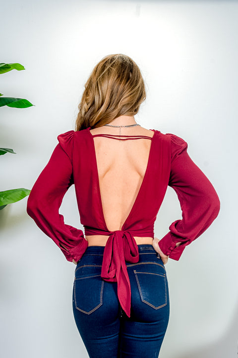 Long Bishop Sleeve Drape Front Top with Open Bow Tie Back in Burgundy (IBT6459) - Wholesale Fashion Couture 