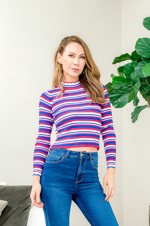 'American Dream' Multi Color Stripe Mock Neck Rib Knit Long Sleeve Slim Fit Top in Red, White & Blue (VIT7758) - Wholesale Fashion Couture 