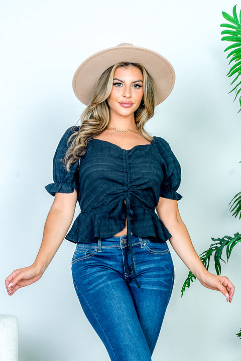 Peplum Crop Top with Drawstring Front and Ruffled Short Puff Sleeves (Y21062) - Wholesale Fashion Couture 