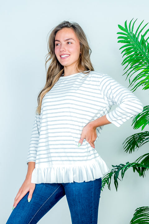 Boat Neck 3/4 Sleeve Striped Tee with White Contrast Box Pleat Ruffle Hem* (HT7859) - Wholesale Fashion Couture 