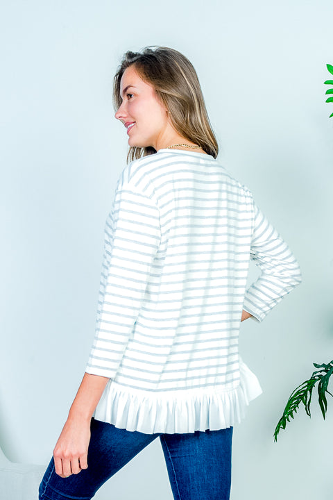 Boat Neck 3/4 Sleeve Striped Tee with White Contrast Box Pleat Ruffle Hem* (HT7859) - Wholesale Fashion Couture 