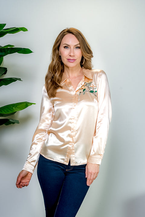 Silky Satin Long Sleeve Button Down Shirt with Floral Embroidered Chest (IBT3058) - Wholesale Fashion Couture 