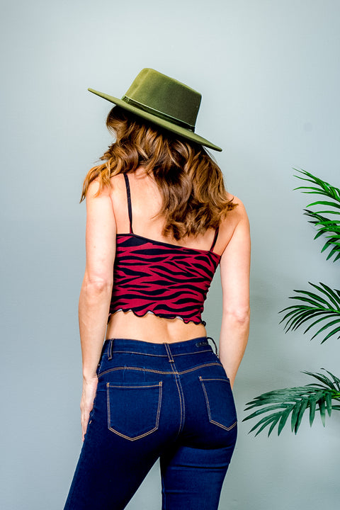 Spaghetti Strap Zebra Print Color Block V Neck Crop Tank Top in Wine & Moss (BT10099) - Wholesale Fashion Couture 