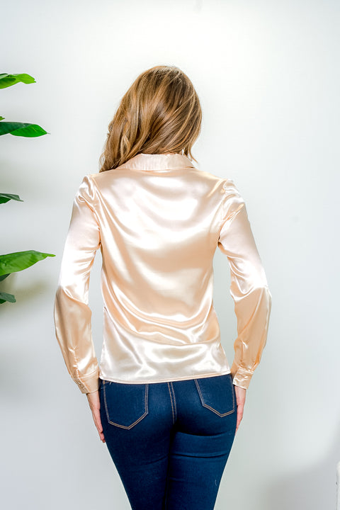 Silky Satin Long Sleeve Button Down Shirt with Floral Embroidered Chest (IBT3058) - Wholesale Fashion Couture 