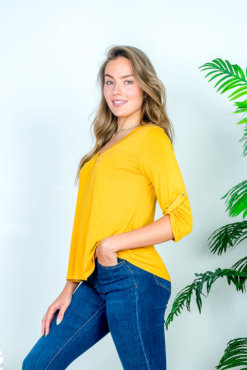 Soft Bamboo 3/4 Rolled Cuff Sleeve V Neck Top with Single Pleat Front in Mustard (HT9201) - Wholesale Fashion Couture 