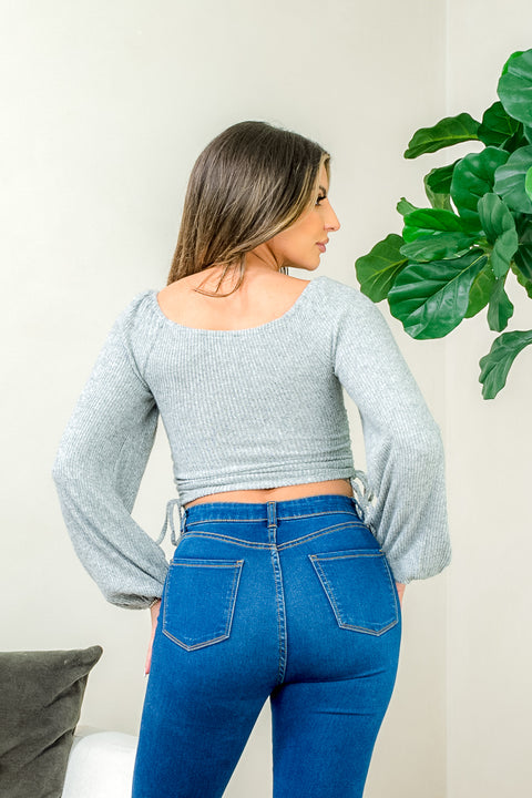 Long Puff Sleeve Sweetheart Neck Rib Knit Crop Top with Ruched Side Ties (1601TY) - Wholesale Fashion Couture 