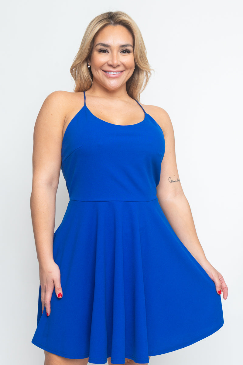 Plus Size Halter Skater Mini Dress with Low Criss Cross Back and Full ...