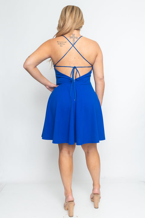 Plus Size Halter Skater Mini Dress with Low Criss Cross Back and Full Lining (CD21144P) - Wholesale Fashion Couture 