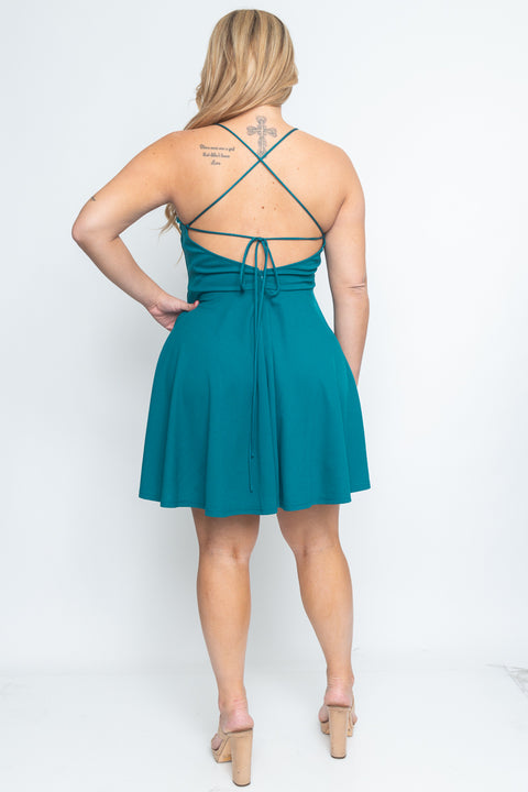 Plus Size Halter Skater Mini Dress with Low Criss Cross Back and Full Lining (CD21144P) - Wholesale Fashion Couture 