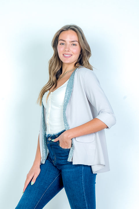 3/4 Sleeve Blazer with Sequin Collar, Faux Flap Pockets and Split Back (LUX10471) - Wholesale Fashion Couture 