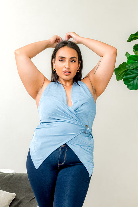 Plus Size Halter V Neck Surplice Wrap Top with Silver Metal O Ring Accent (ZA4434) - Wholesale Fashion Couture 