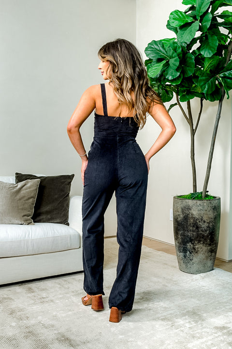 Corduroy Overall Jumpsuit with Faux Button Down Accents & Slant Pockets (VIP5529) - Wholesale Fashion Couture 