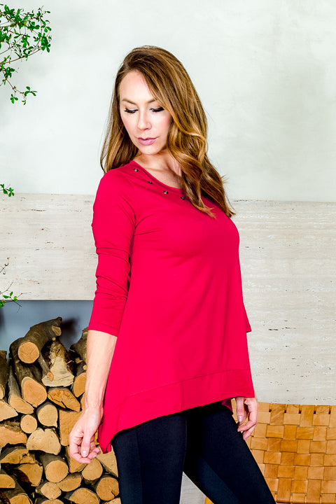Long Sleeve Bronze Grommet Adorned Scoop Neck Top with Handkerchief Hem in Red (FK171217P) - Wholesale Fashion Couture 