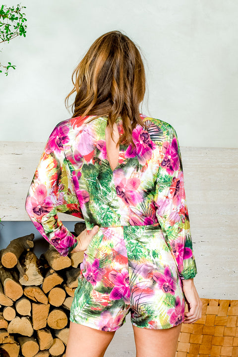 Long Sleeve Multi Color Island Floral Print Draped Surplice V Neck Mini Shorts Romper with Waist Tie (Q2PB10W3140) - Wholesale Fashion Couture 