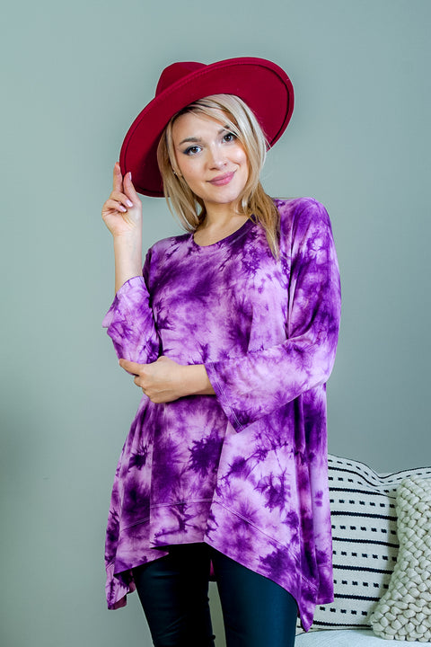 Tie Dye Relaxed Fit Long Sleeve Scoop Neck T-Shirt Top with Asymmetrical Hem (FK172238) - Wholesale Fashion Couture 