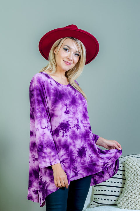 Tie Dye Relaxed Fit Long Sleeve Scoop Neck T-Shirt Top with Asymmetrical Hem (FK172238) - Wholesale Fashion Couture 