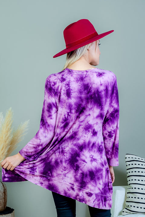 Tie Dye Relaxed Fit Long Sleeve Scoop Neck T-Shirt Top with Asymmetrical Hem (FK172238) - Wholesale Fashion Couture 
