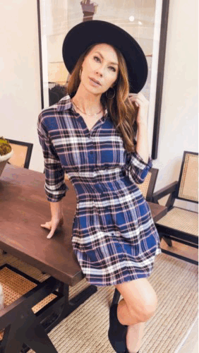 Plaid Button Down Fitted Mini Shirt Dress with Spread Collar and Tabbed Long Sleeves (4726DY) - Wholesale Fashion Couture 