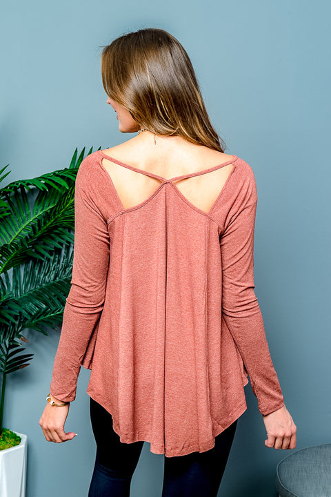 Relaxed Fit Long Sleeve Scoop Neck T-Shirt with Peek-a-Boo Shoulder Cutouts and Draped Round Hem (T5016KL) - Wholesale Fashion Couture 