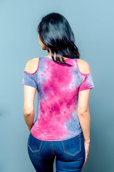 Open Shoulder Short Sleeve Round Neck Front Knott Detail Top (K5307TD) - Wholesale Fashion Couture inc