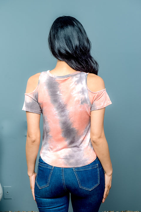 Open Shoulder Short Sleeve Round Neck Front Knott Detail Top (K5307TD) - Wholesale Fashion Couture inc