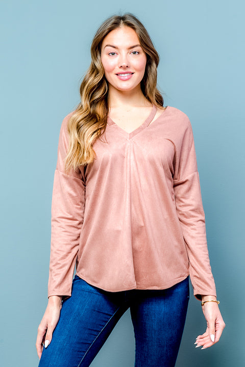 Long Sleeve Suede Crossed Back Top (LT23579) - Wholesale Fashion Couture inc