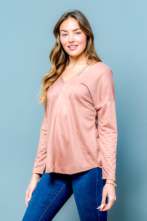 Long Sleeve Suede Crossed Back Top (LT23579) - Wholesale Fashion Couture inc