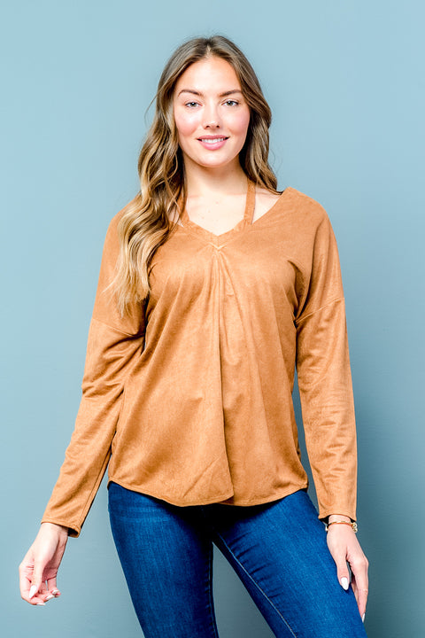 Long Sleeve Suede Crossed Back Top (LT23579) - Wholesale Fashion Couture inc