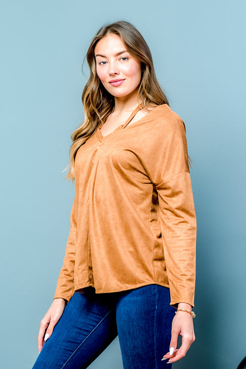 Long Sleeve Suede Crossed Back Top (LT23579) - Wholesale Fashion Couture inc