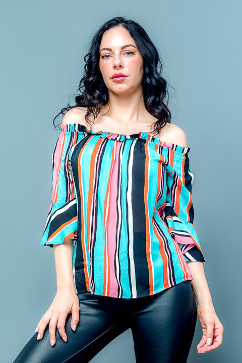 Multy Stripe Wide Bell Sleeve Off Shoulder Elastic Neckline Top (XT9083) - Wholesale Fashion Couture inc