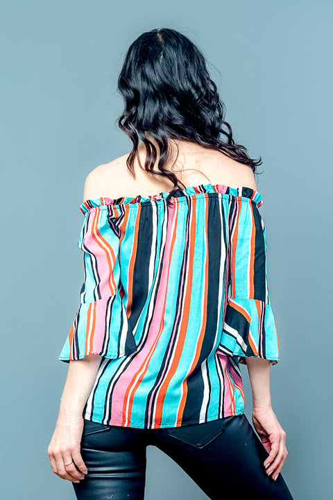 Multy Stripe Wide Bell Sleeve Off Shoulder Elastic Neckline Top (XT9083) - Wholesale Fashion Couture inc