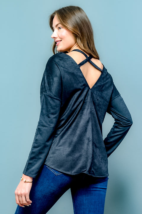 Long Sleeve Suede Crossed Back Top (LT23579) - Wholesale Fashion Couture inc