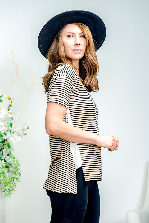 Striped Short Sleeve Rib Knit V Neck Top with Contrast Side Vents in Beige & Black (D71377) - Wholesale Fashion Couture 