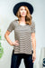 Striped Short Sleeve Rib Knit V Neck Top with Contrast Side Vents in Beige & Black (D71377) - Wholesale Fashion Couture 