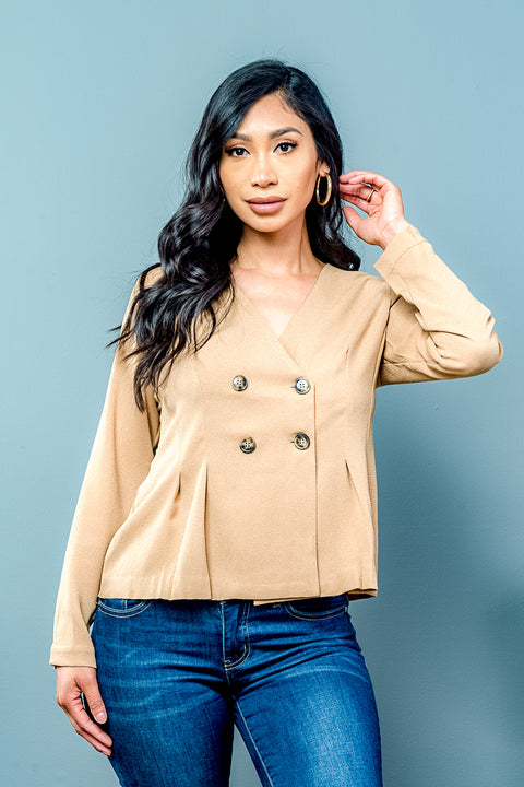 Double Breasted Pleated Hem Blazer (D30324-MW188) - Wholesale Fashion Couture 