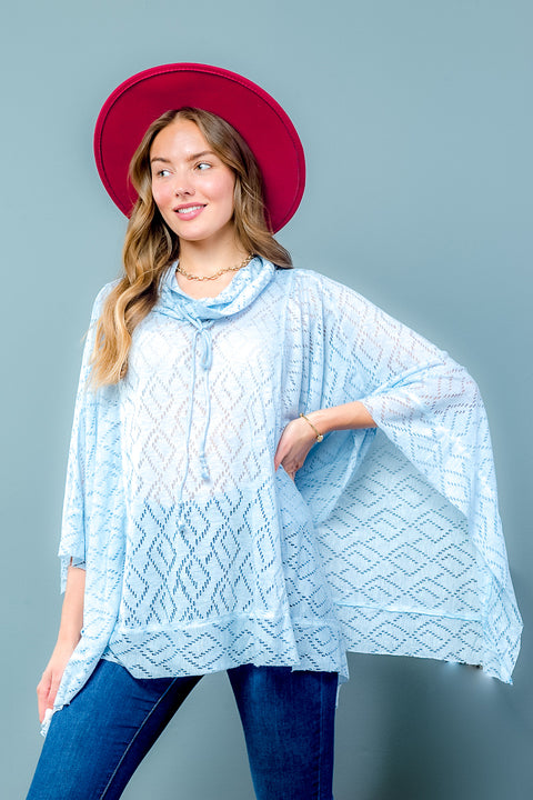 Draw Tie Cowl Neck Poncho with Triangular Shaped Cutout Fabric (15711) - Wholesale Fashion Couture 