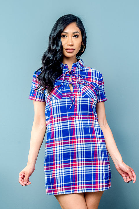 Plaid Mini Dress with Lace Up Collar and Front Flap Pockets (70015) - Wholesale Fashion Couture 