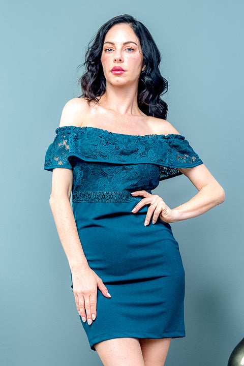 Off Shoulder Lace Ruffle Sheath Midi Dress (K1916) - Wholesale Fashion Couture 