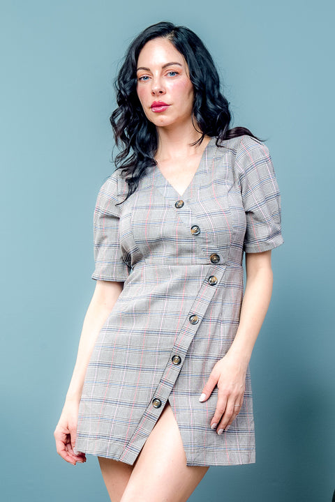 Houndstooth Plaid Asymmetrical Button Down Mini Dress with Split at Thigh (FL19C160) - Wholesale Fashion Couture 