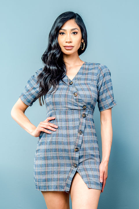 Houndstooth Plaid Asymmetrical Button Down Mini Dress with Split at Thigh (FL19C160) - Wholesale Fashion Couture 
