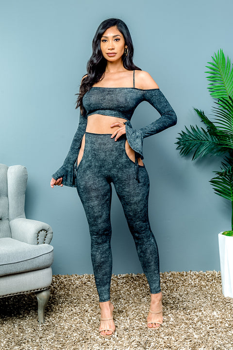 2 PC Off Shoulder Bandeau Top with Long Sleeve and Leggings with Hip Cut Outs and Tie Closures (T5308/P3951) - Wholesale Fashion Couture 