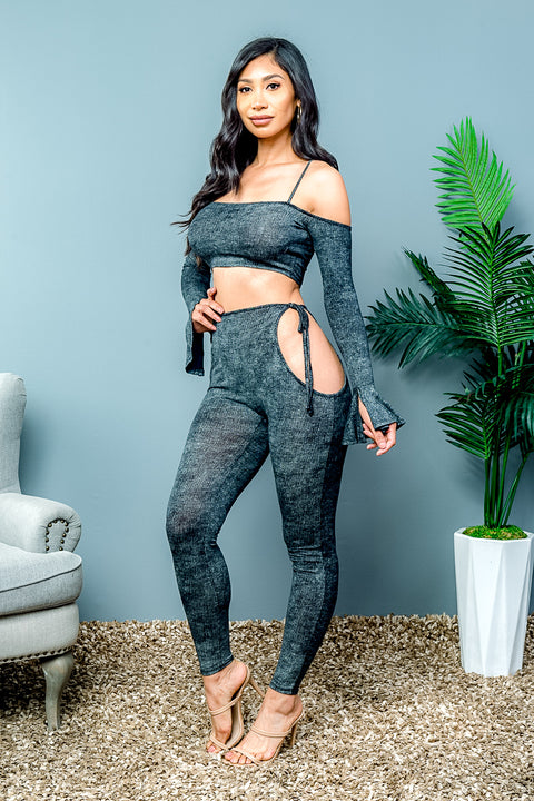 2 PC Off Shoulder Bandeau Top with Long Sleeve and Leggings with Hip Cut Outs and Tie Closures (T5308/P3951) - Wholesale Fashion Couture 