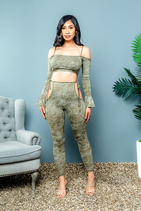 2 PC Off Shoulder Bandeau Top with Long Sleeve and Leggings with Hip Cut Outs and Tie Closures (T5308/P3951) - Wholesale Fashion Couture 