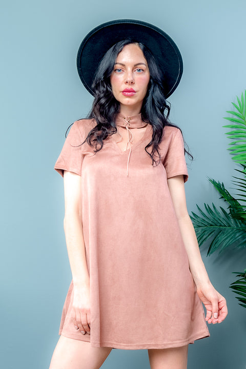 Faux Suede Short Sleeve V Neck Keyhole Mini Dress with Ribbon Tied Choker and Side Pockets (LD41885) - Wholesale Fashion Couture 